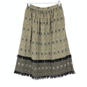 VTG 90s Karen Kane A-Line Wool Blend Skirt Womens Size 26" US 2 Tan Black Fringe